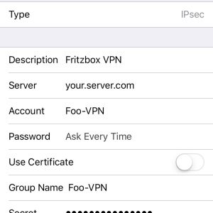 Fritzbox VPN IPsec iOS iPad iPhone