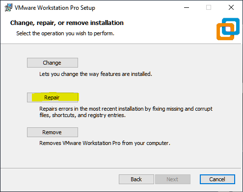 VMware Workstation repair installation