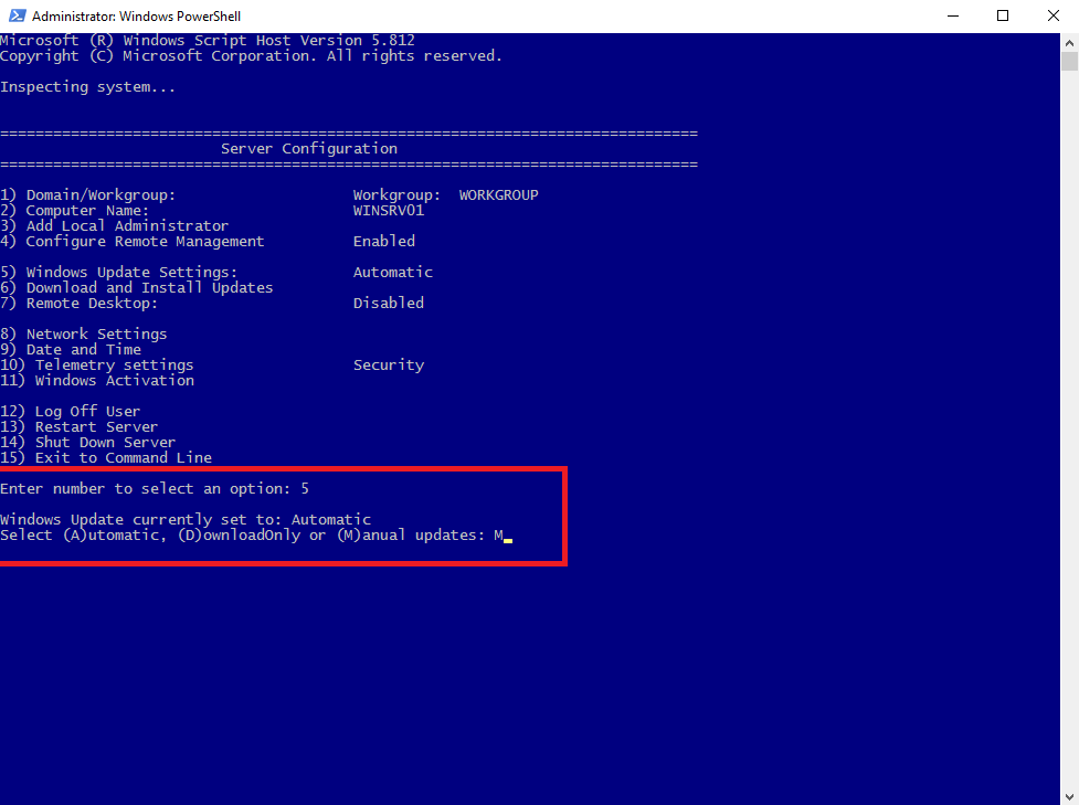 Windows Server sconfig Updates Konfiguration